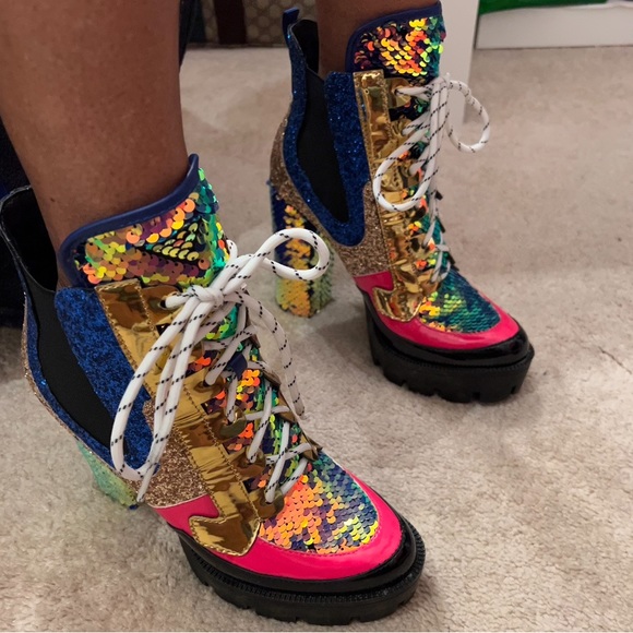 Sequin Combat Platform Heel Booties - Picture 9 of 15